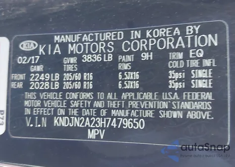 2017 Kia Soul z USA, uszkodzony, nr VIN KNDJN2A23H7479650